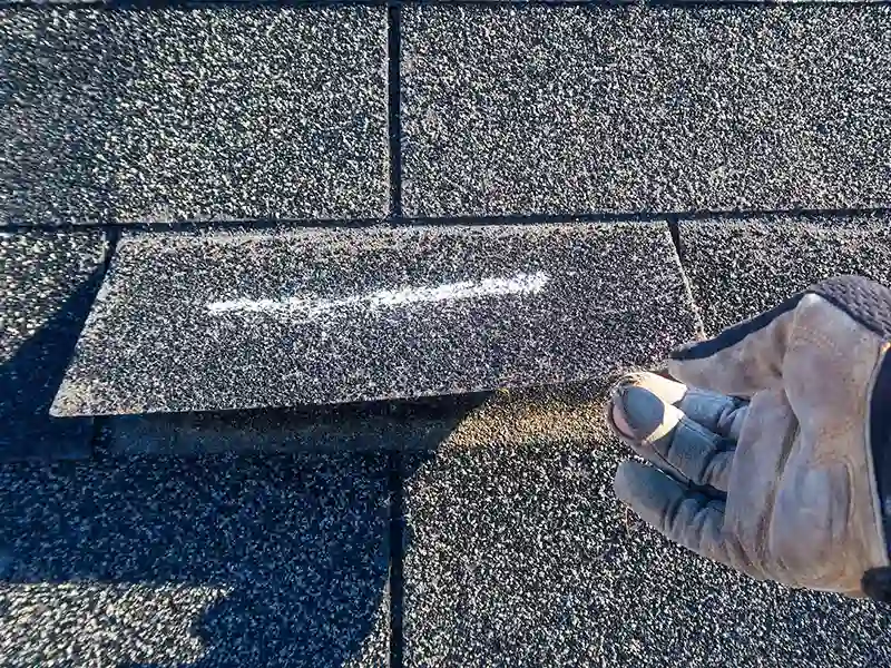 Worker inspecting underneath a roof shingle